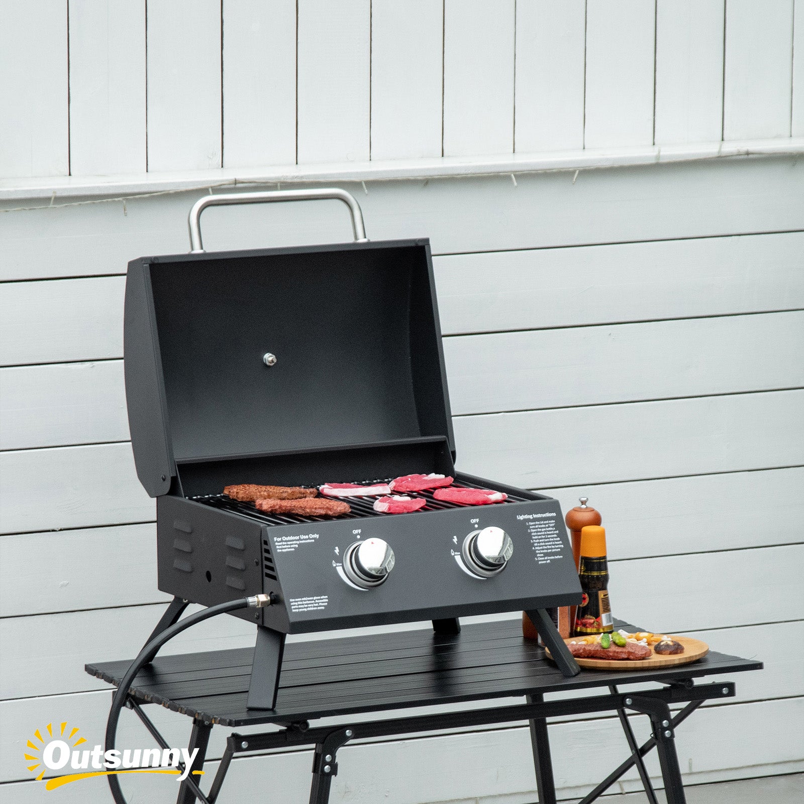 21.75" Charcoal BBQ, Portable Grill with 2 Burners, Heat-Resistant Handle, Folding Legs, Removable Ashtray, Thermometer, Carbon Steel, for Outdoor Cooking, Camping