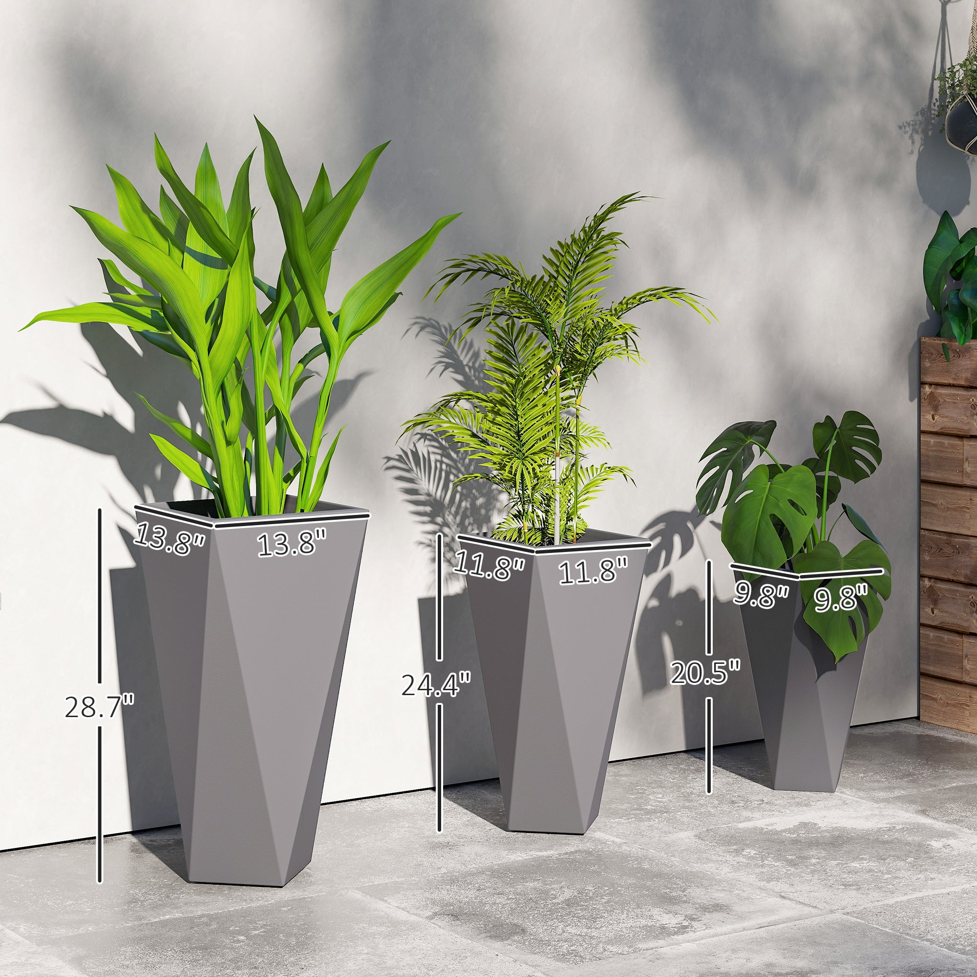 Indoor Outdoor Planters Set of 3 MgO Tall Planters Stackable Flower Pots with Drainage Holes for Garden, Balcony, Alt Gray