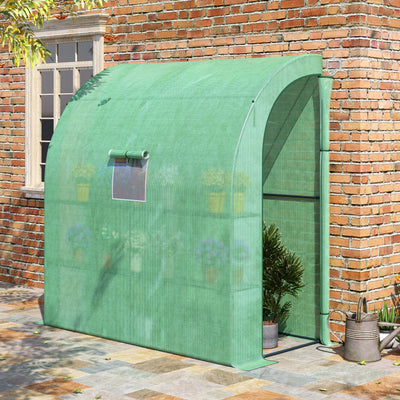 7' x 3' x 7' Lean to Greenhouse, Walk-In Green House, Plant Nursery with 2 Roll-up Doors and Windows, PE Cover and 3 Wire Shelves, Green