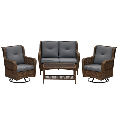 4 Piece PE Rattan Outdoor Patio Furniture Set, Wicker Conversation Set with 2 Swivel Glider Chairs, 2-Tier Glass Table and Loveseat for Garden, Patio, Poolside, Gray
