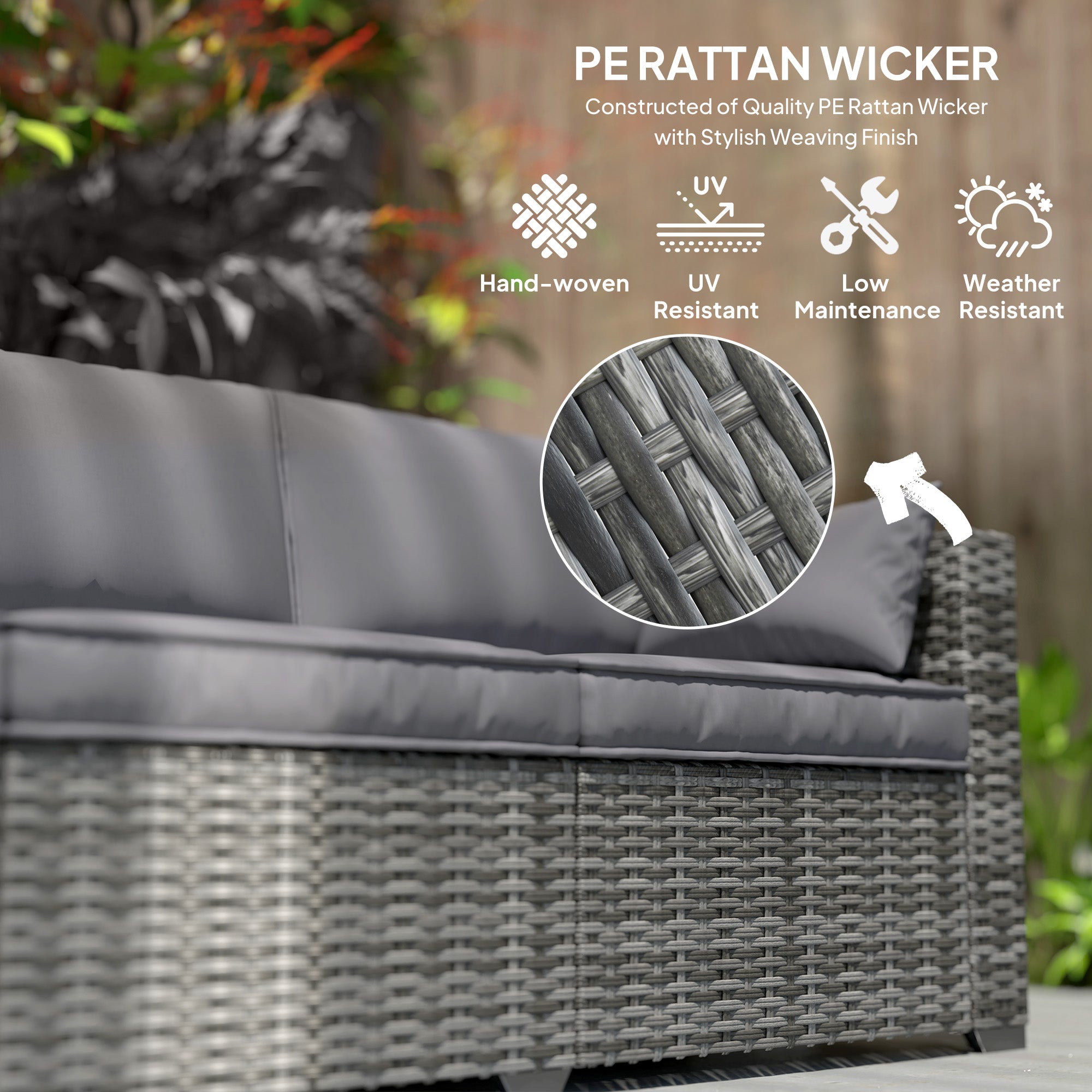 3 Seater Wicker Sofa with Side Trays, Outdoor Patio Couch with 6" Thick Back Cushions, Deep Seating, Mixed Gray