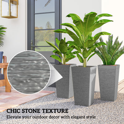 22.8 Inch Set of 3 Outdoor Planters with Stone Finish and Wheels, Stackable Tapered Planters with Drainage Hole