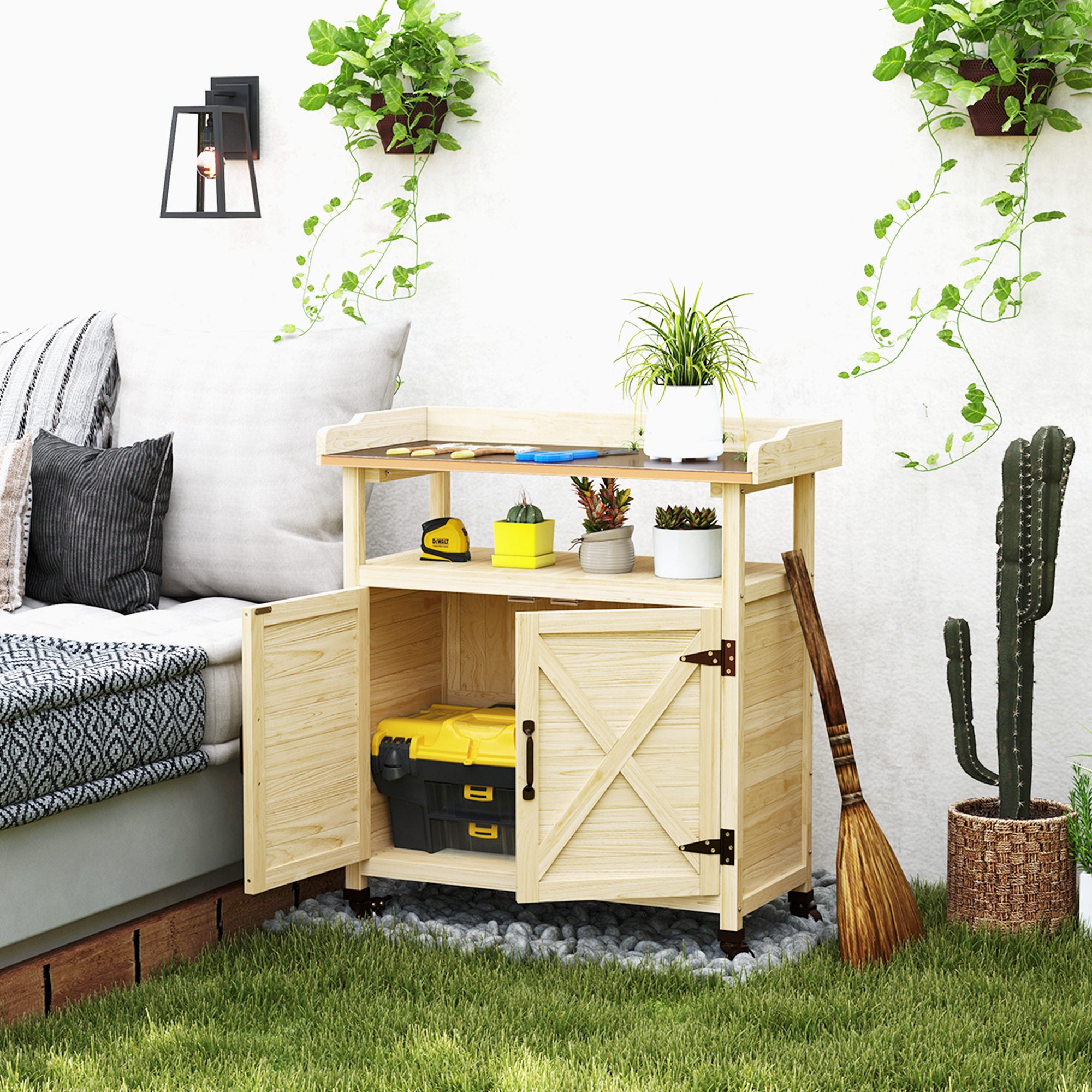 Outdoor Wooden Potting Bench with Storage Cabinet, Aluminum Tabletop, Rubber Wheels for Backyard, Patio, Balcony