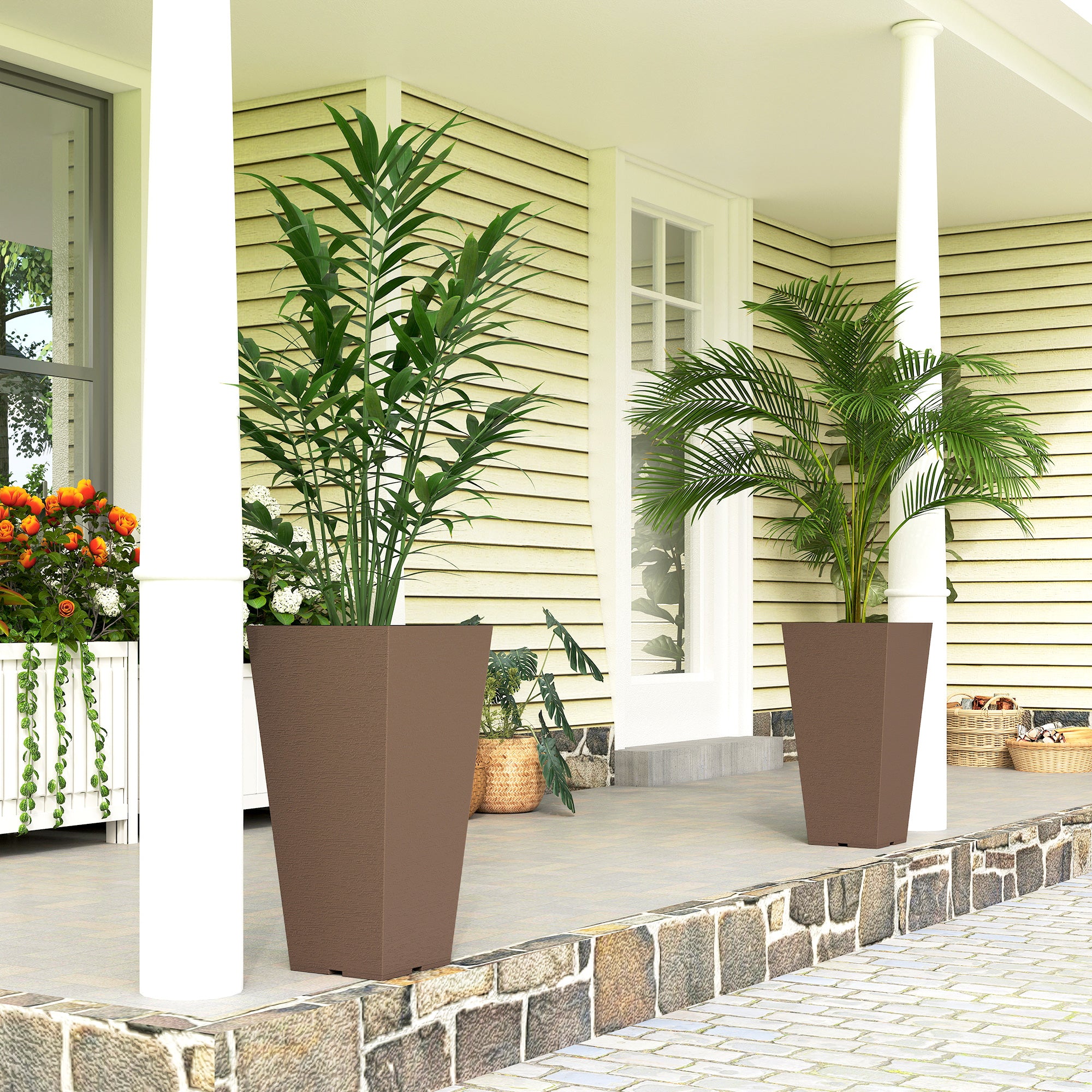 23 Inch Tall Planters for Outdoor Plants, Set of 2 Plastic Flower Pots, for Front Door Patio Garden Use