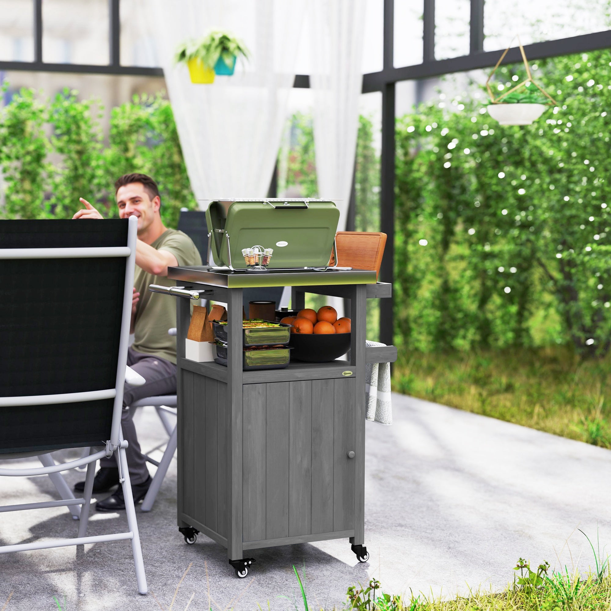 Outdoor Grill Cart w/ Stainless Steel Top, Solid Wood Outdoor Kitchen Island w/ Wheels, Integrated Hole