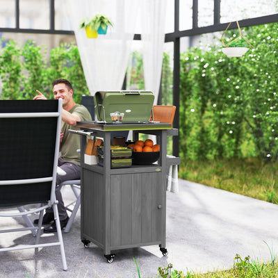 Outdoor Grill Cart w/ Stainless Steel Top, Solid Wood Outdoor Kitchen Island w/ Wheels, Integrated Hole