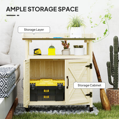 Outdoor Wooden Potting Bench with Storage Cabinet, Aluminum Tabletop, Rubber Wheels for Backyard, Patio, Balcony
