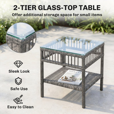 3 Piece Outdoor PE Rattan Rocker Chair Set, Rocking Chair with Tempered Glass Table Top