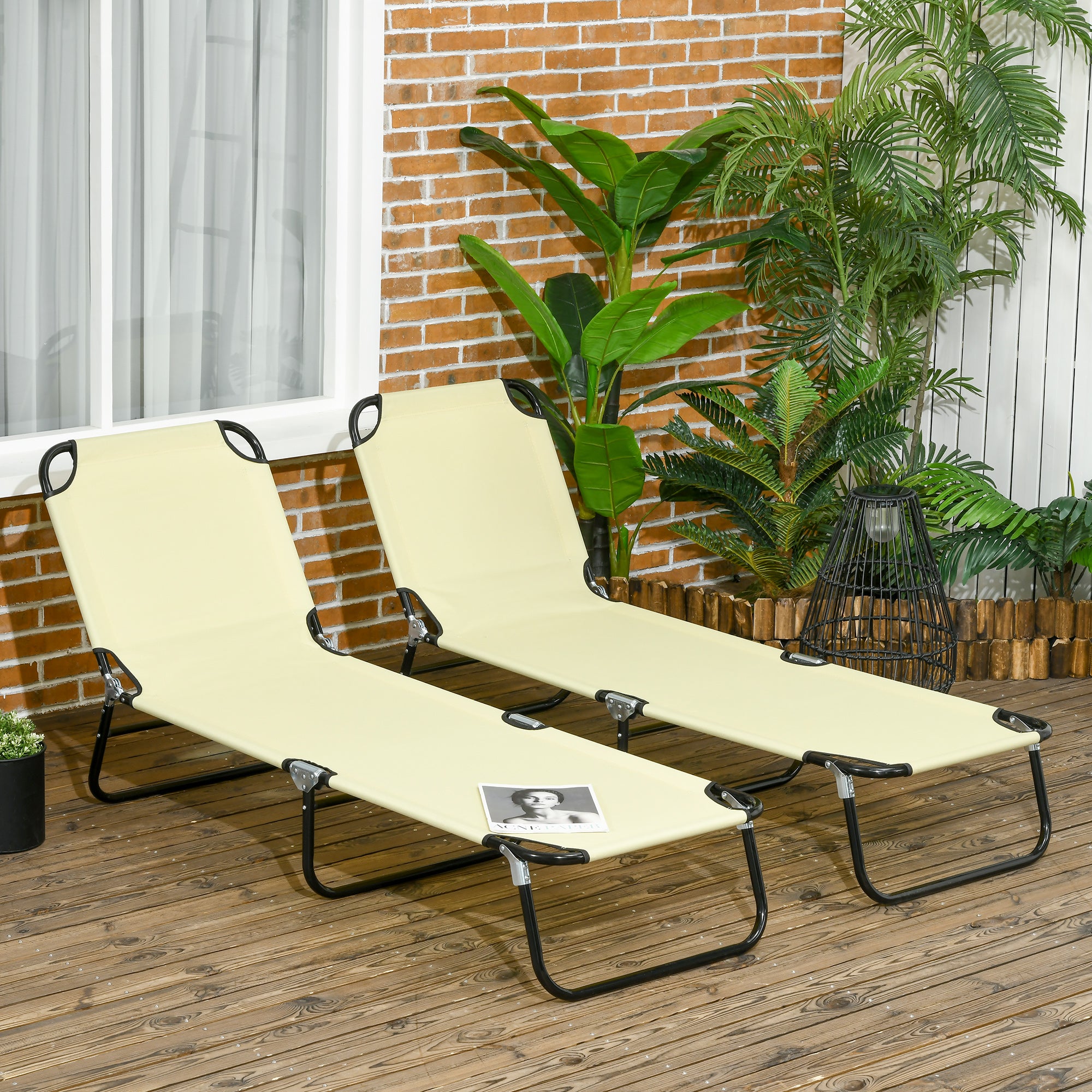 2 Piece Folding Chaise Lounge Pool Chairs, Outdoor Sun Tanning Chairs with 5-Level Reclining Back, Steel Frame for Beach, Yard, Patio