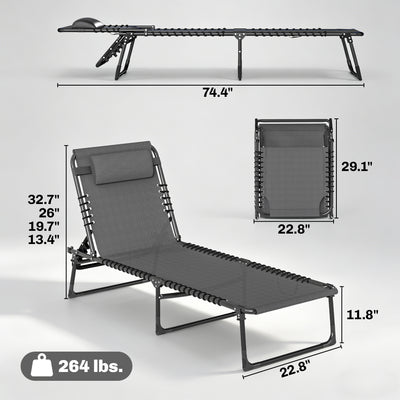 2 Folding Chaise Lounge Pool Chairs with 4-Position Reclining Back, Pillow, Breathable Mesh & Bungee Seat