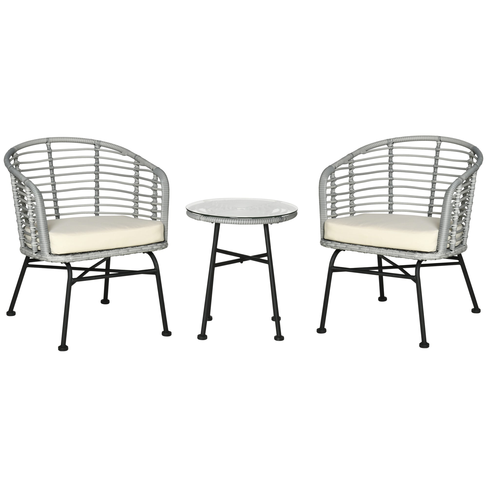 3 Piece Patio Bistro Set, PE Rattan with Cushioned Barrel Chairs & Glass Coffee Table, Conversation Set, Cream White