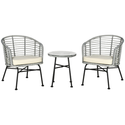 3 Piece Patio Bistro Set, PE Rattan with Cushioned Barrel Chairs & Glass Coffee Table, Conversation Set, Cream White