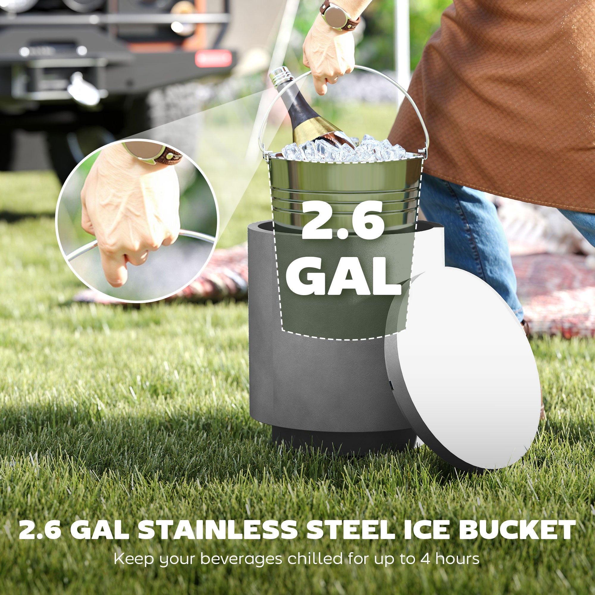 2.6 Gal Outdoor Side Table, 3-In-1 Concrete Cooler Bar Table with Storage, Removable Ice Bucket and Lid