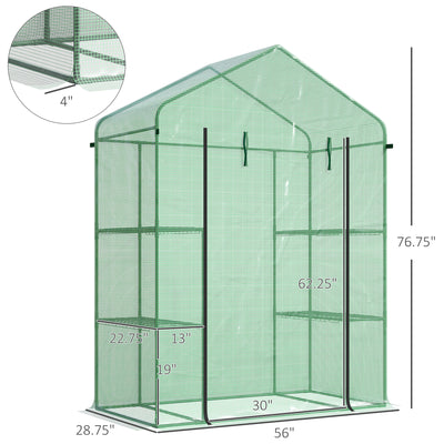 56" x 29" x 77" Walk-in Greenhouse, Garden Hot House with 3 Tier Shleves, Roll-Up Door and PE Cover, Green