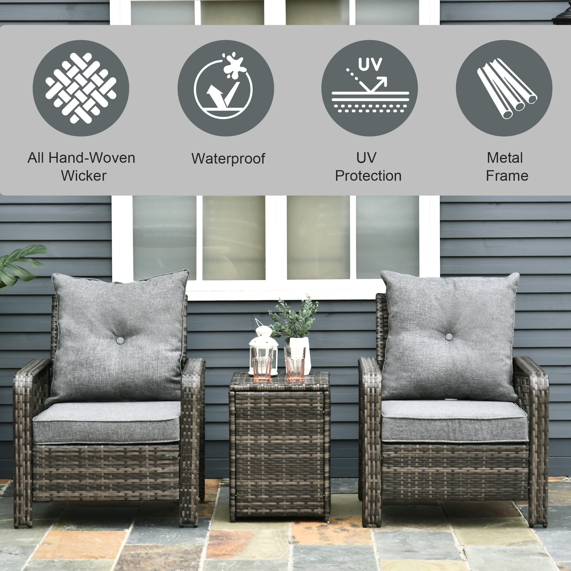 3 Piece Patio Furniture, PE Wicker Storage Table & Chairs, Gray