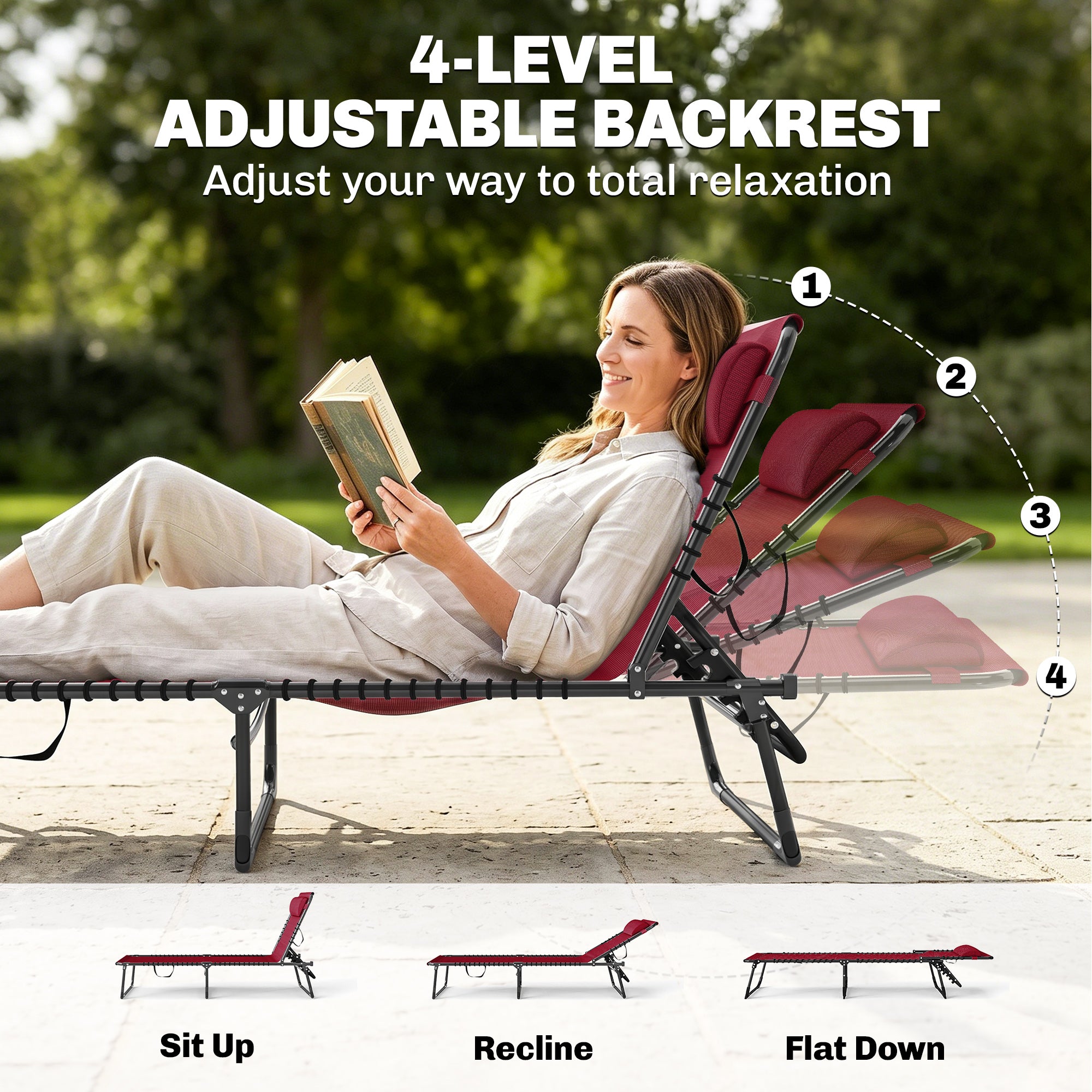 Foldable Chaise Lounge, 3-Position Reclining Back, Portable design and Breathable Mesh for Poolside, Camping, Hiking