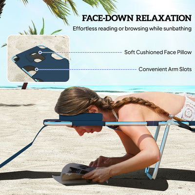 2 Tanning Chairs with Face Hole, 5-Level Adjustable Outdoor Chaise Lounge Chair with Pillow for Beach, Pool, Dark Blue