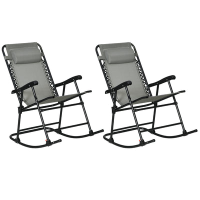 Outdoor Rocking Chair Set of 2, Patio Folding Lawn Rocker Set with Headrests for Yard, Patio, Deck, Backyard, Gray