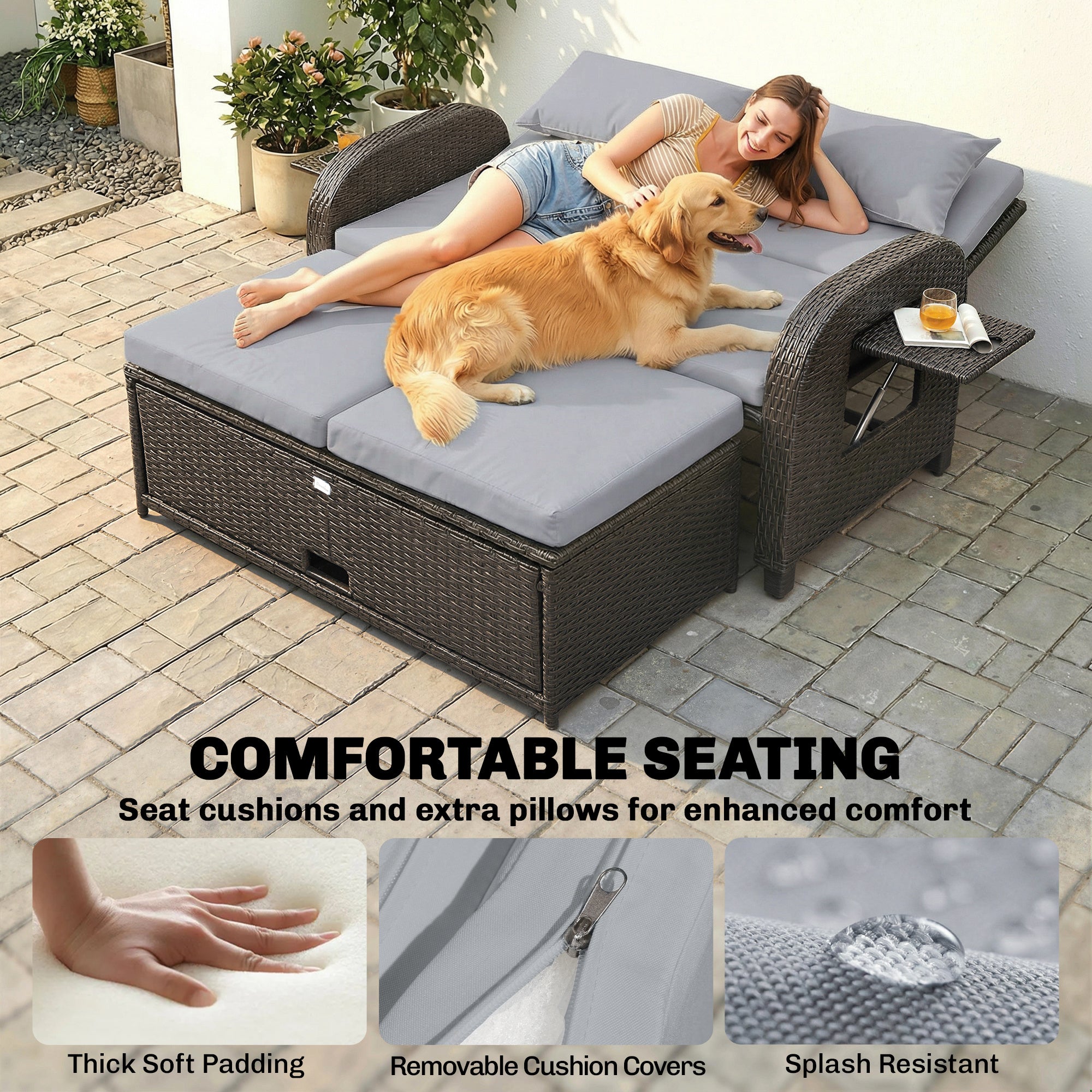 Patio Rattan Daybed, Wicker Outdoor Daybed with Storage Ottoman, Loveseat w/ Adjustable Backrest