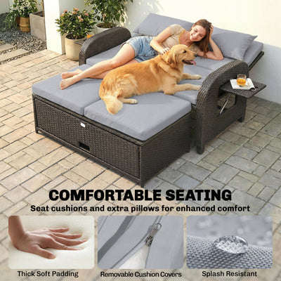 Patio Rattan Daybed, Wicker Outdoor Daybed with Storage Ottoman, Loveseat w/ Adjustable Backrest