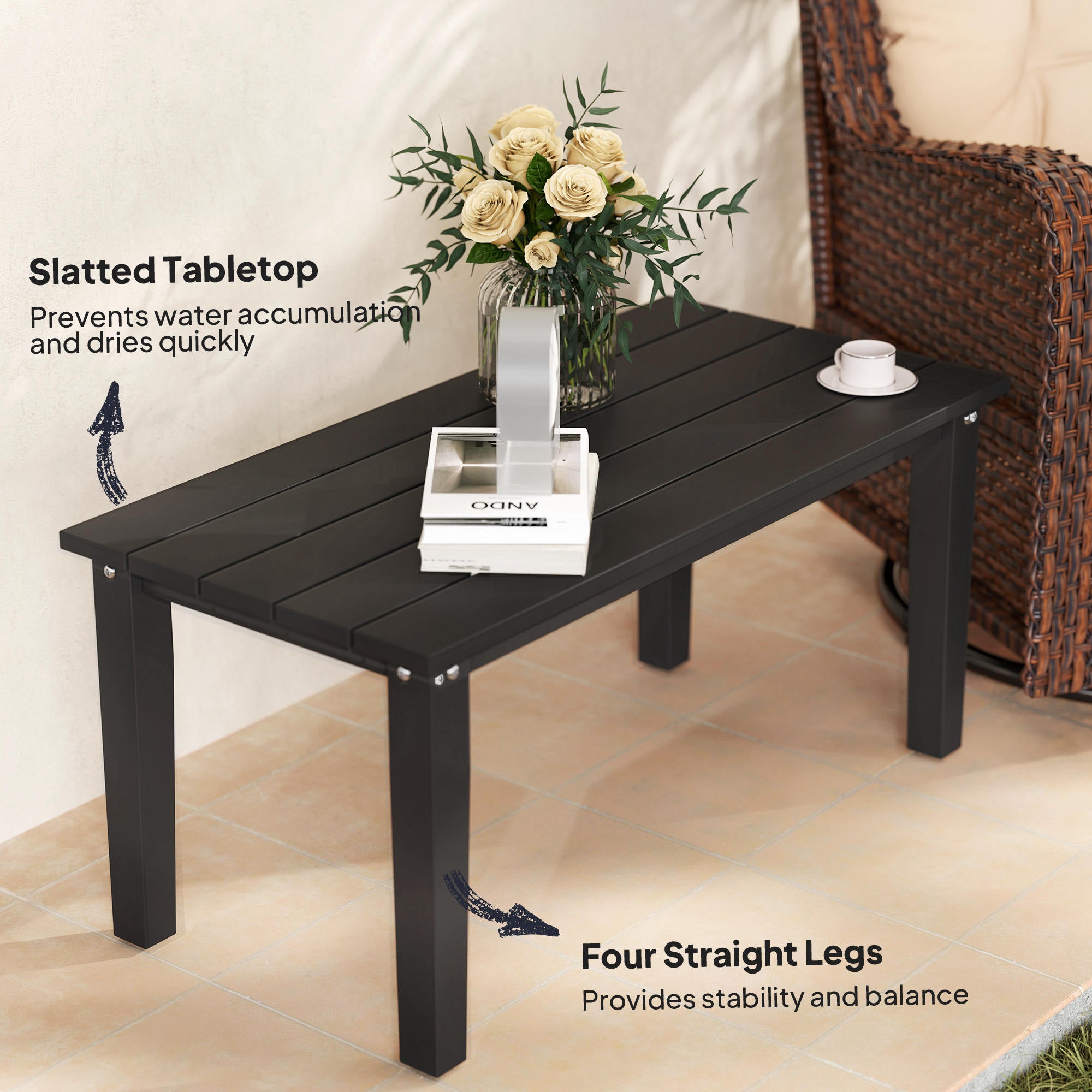 Rectangle Outdoor Coffee Table, HDPE All-Weather Outdoor Patio Table with Slatted Tabletop for Yard, Balcony