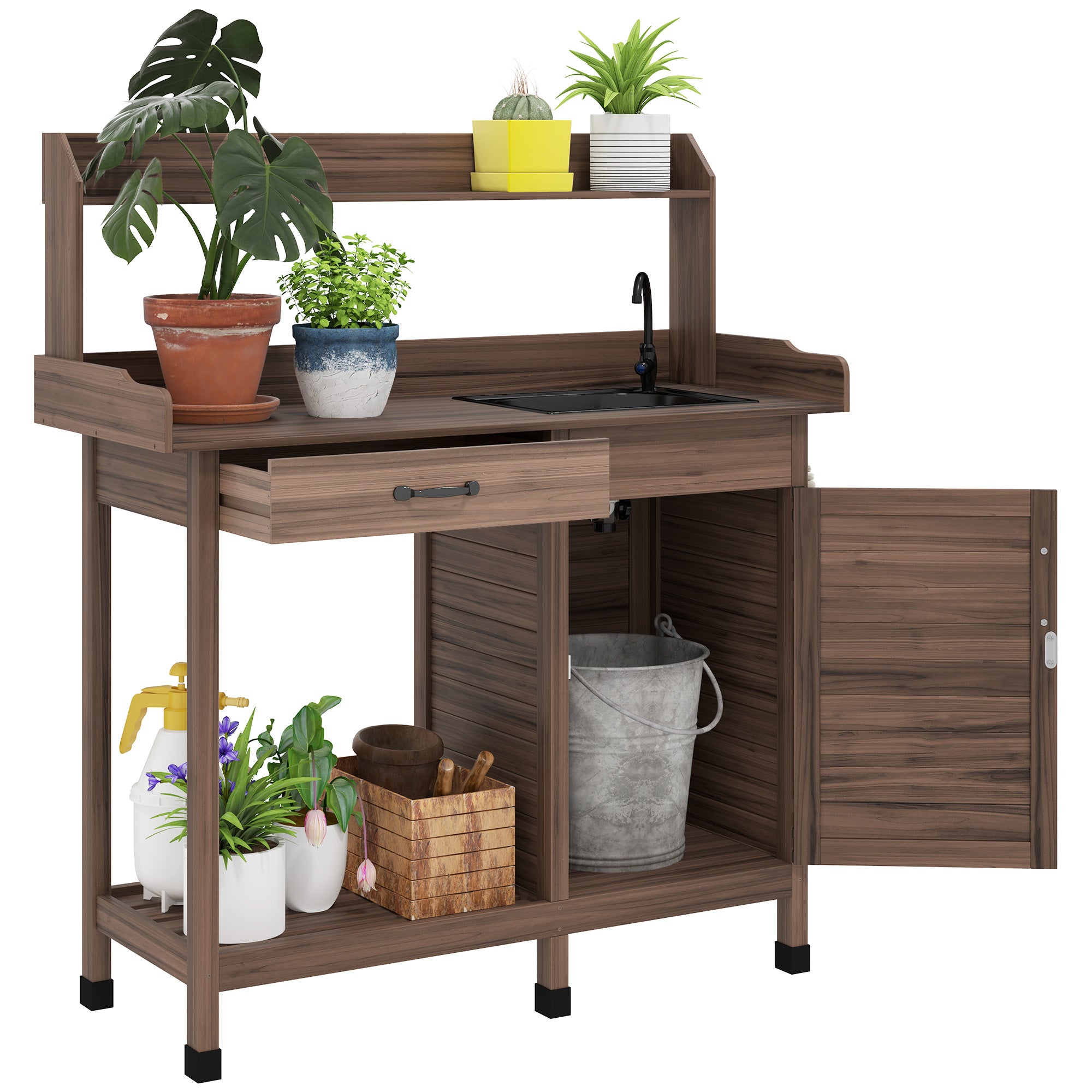 Potting Bench Table with Removable Sink, Outdoor Work Bench Table with Storage Cabinet, Hooks, Faucet and Drawer for Greenhouse, Garden, Patio