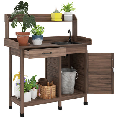 Potting Bench Table with Removable Sink, Outdoor Work Bench Table with Storage Cabinet, Hooks, Faucet and Drawer for Greenhouse, Garden, Patio