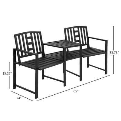 Metal Garden Bench with Middle Table and Umbrella Hole, 2-in-1 Double Patio Chairs, Outdoor 2-person Tete-a-Tete, Slatted, Black