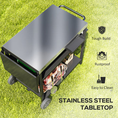 Outdoor Bar Cart Grill Table with Stainless Steel Tabletop, Wheeled Outdoor Serving Cart Prep Table with Storage, Hooks