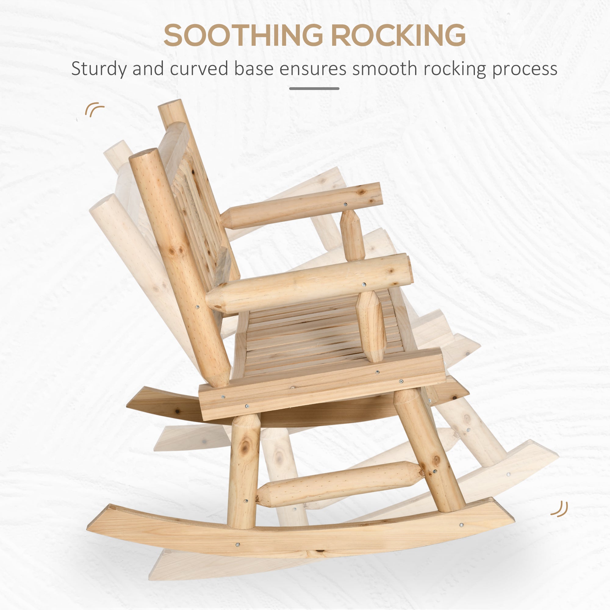 2-Person Wood Rocking Chair with Log Design, Heavy Duty Loveseat with Wide Curved Seats for Patio, Backyard, Garden