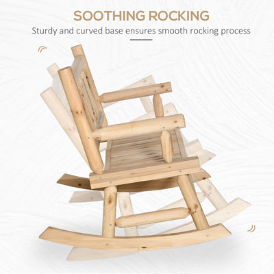 2-Person Wood Rocking Chair with Log Design, Heavy Duty Loveseat with Wide Curved Seats for Patio, Backyard, Garden