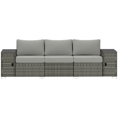 3 Seater Wicker Outdoor Couch Patio Sofa with Storage, Thickened Cushions and Wide Armrests for Porch Yard, Gray