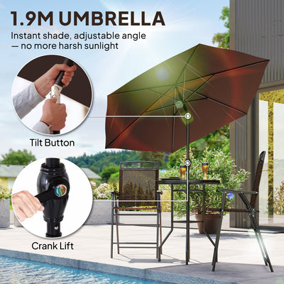 4 Piece Outdoor Bar Set with Umbrella, Patio Dining Set with 2 Folding Chairs, Wave Textured Tempered Glass Table for Backyard, Garden, Deck, Poolside