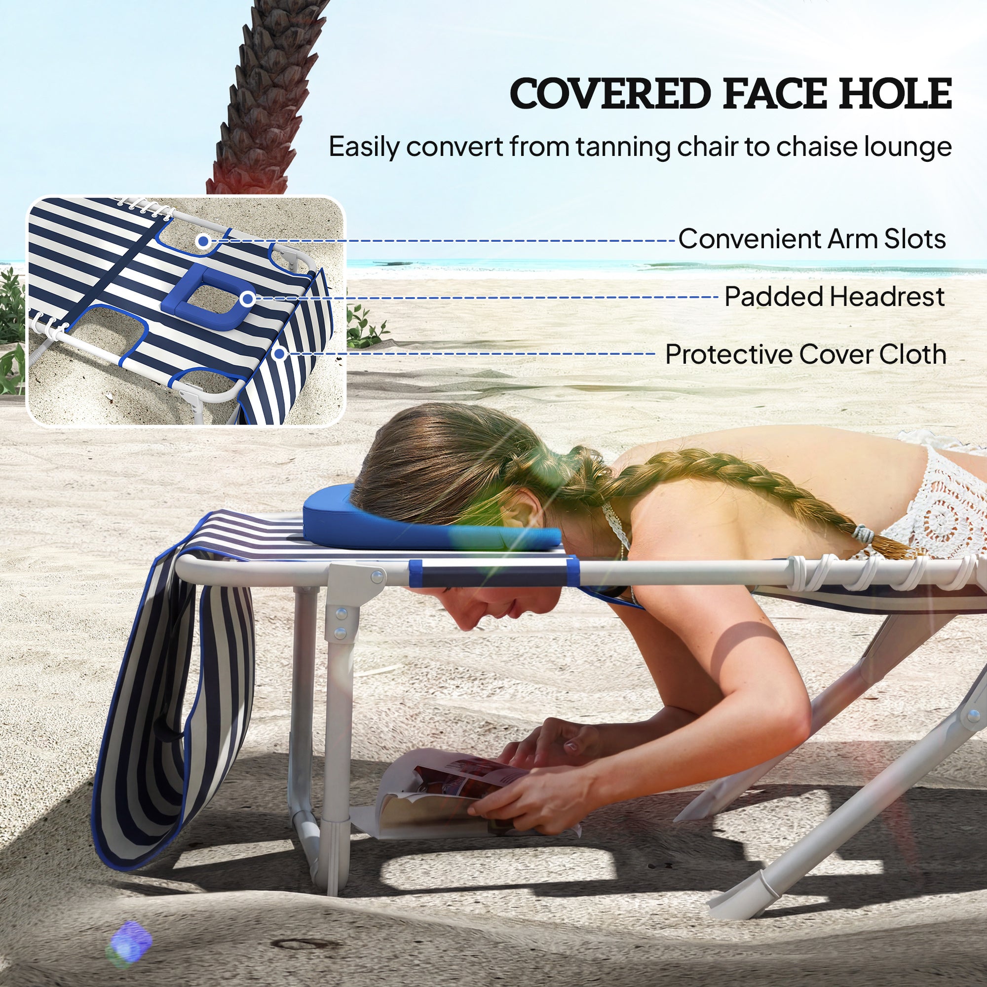 Tanning Chair Set of 2 with Face Hole and Side Table, 5-Position Folding Outdoor Chaise Lounge Chair