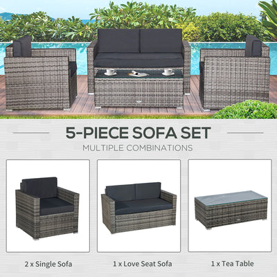 4 Piece Wicker Patio Furniture Set with Cushions, Outdoor Sectional Furniture with 2 Sofa, Loveseat, and Glass Top Coffee Table, Conversation Sofa Sets for Garden, Black