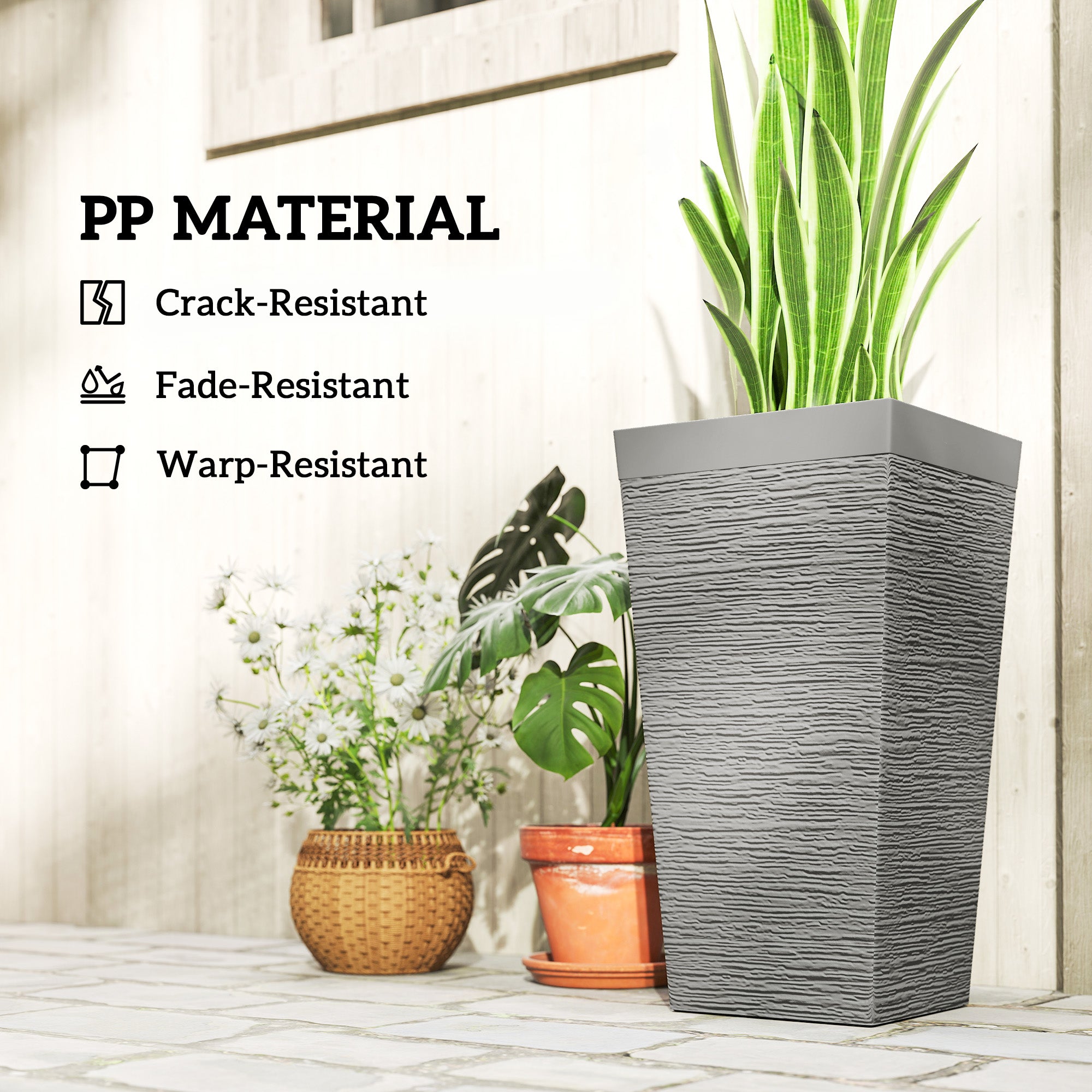 22.8 Inch Set of 3 Outdoor Planters with Stone Finish and Wheels, Stackable Tapered Planters with Drainage Hole
