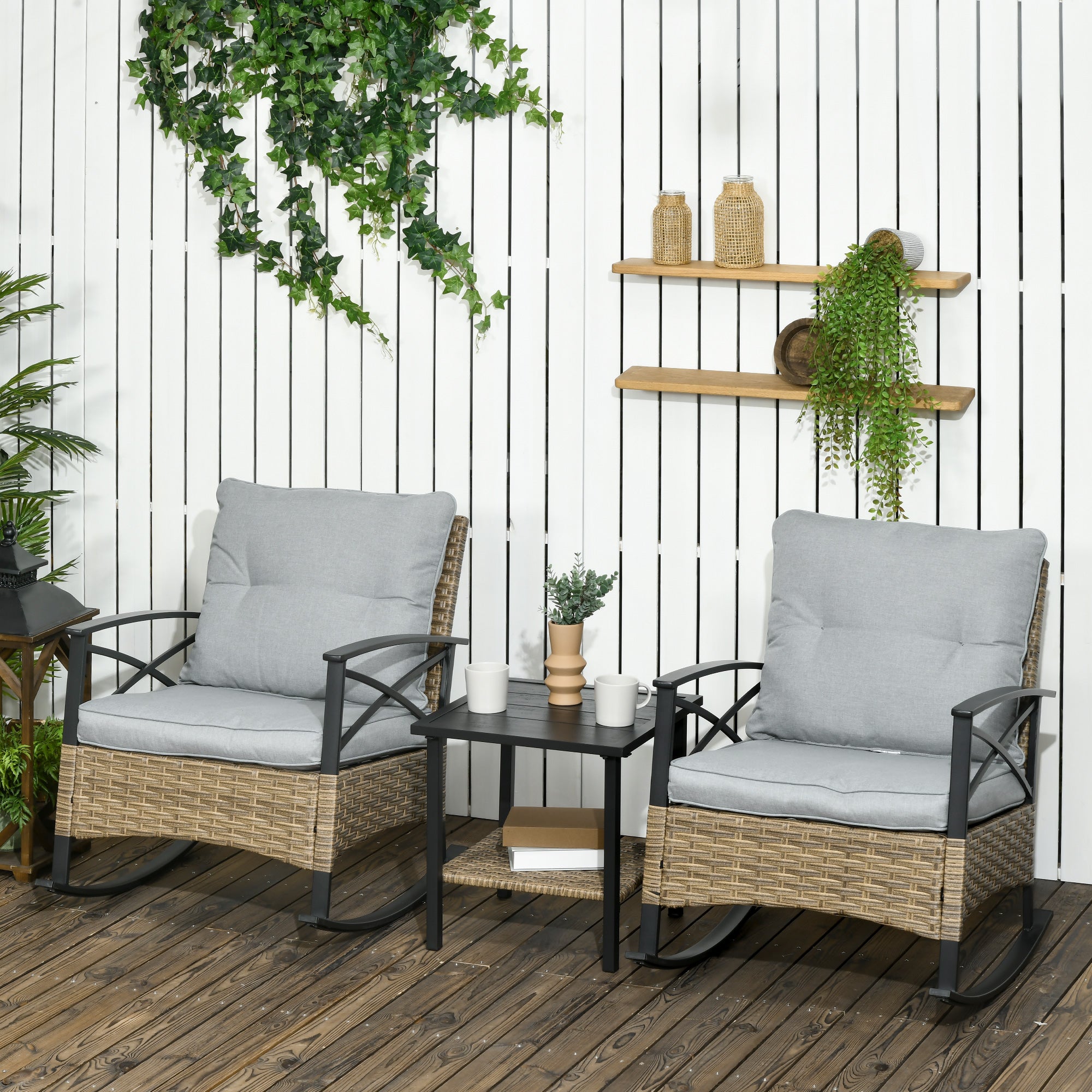 3 Piece Patio Rocking Chair Set, Outdoor Wicker Bistro Set with 2 Oversize Cushioned Porch Rockers and 2 Tier Coffee Table for Garden, Backyard