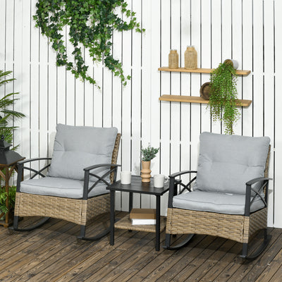 3 Piece Patio Rocking Chair Set, Outdoor Wicker Bistro Set with 2 Oversize Cushioned Porch Rockers and 2 Tier Coffee Table for Garden, Backyard