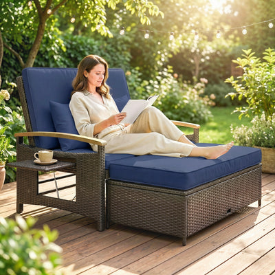 Rattan Outdoor Daybed w/4-Level Adjustable Backrest, Patio Sofa Bed w/Storage Ottoman, Acacia Wood Armrest
