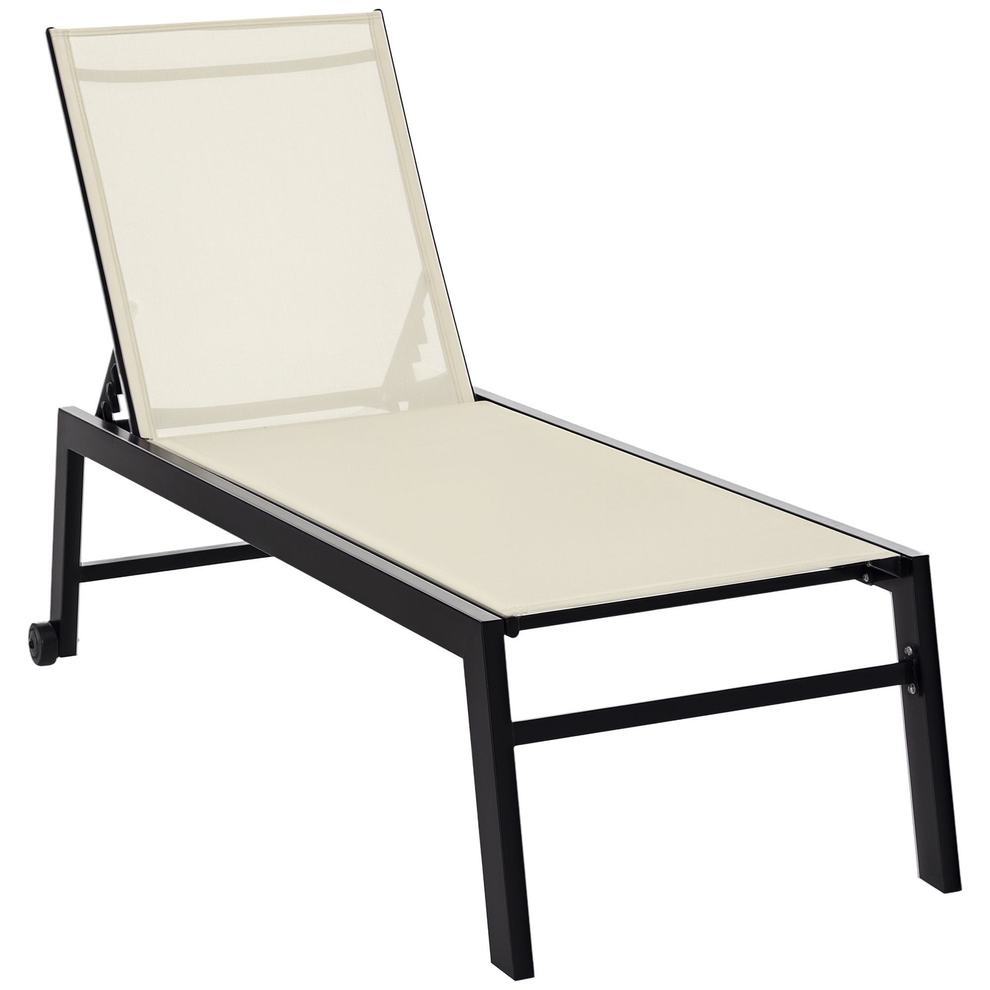 Outdoor Chaise Lounge with Wheels, Five Position Recliner for Sunbathing, Suntanning, Steel Frame, Breathable Fabric for Beach, Yard, Patio