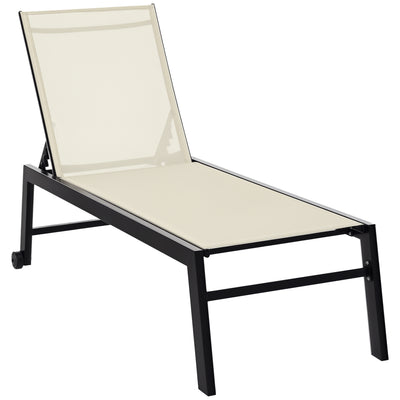 Outdoor Chaise Lounge with Wheels, Five Position Recliner for Sunbathing, Suntanning, Steel Frame, Breathable Fabric for Beach, Yard, Patio