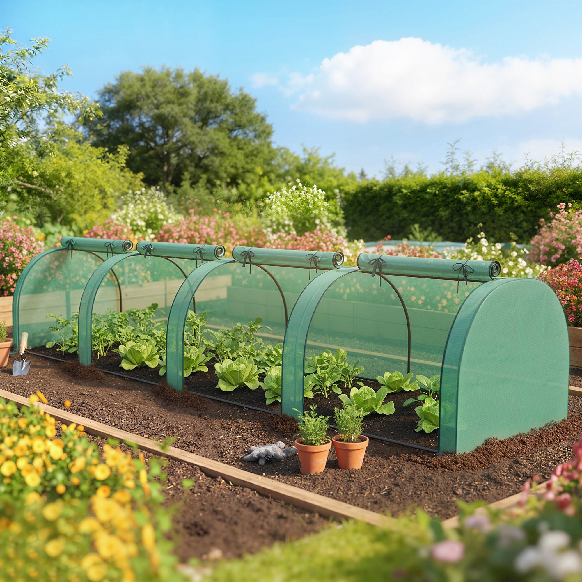 Mini Greenhouse, Portable Greenhouse with 4 Roll-Up Doors, PE Cover, 177.2" x 39.4" x 31.5"