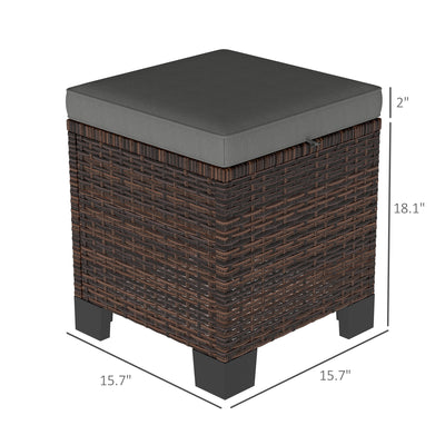 2 Piece Wicker Outdoor Ottomans with Cushions, Rattan Ottoman Footrest and Side Table for Patio, Yard, Poolside