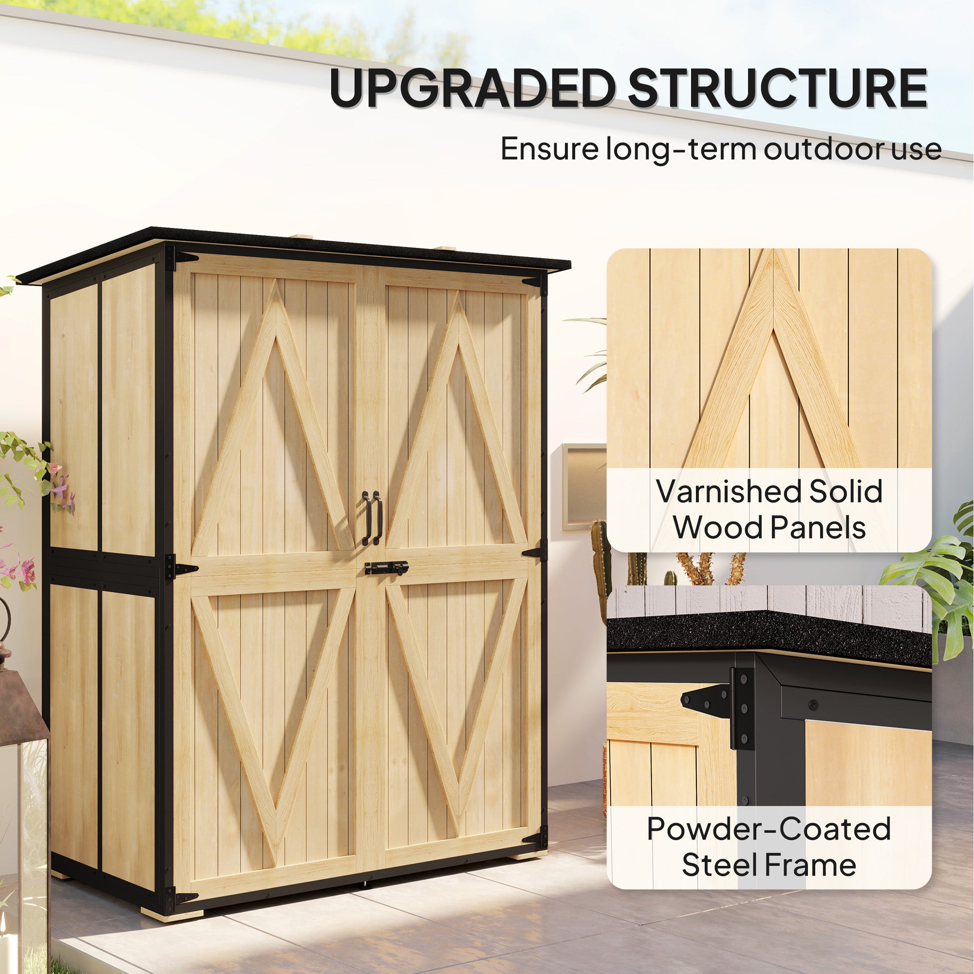 Wood Storage Shed, Outdoor Garden Shed with Asphalt Roof, 2 Shelves, Lockable Doors and Adjustable Feet