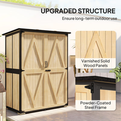 Wood Storage Shed, Outdoor Garden Shed with Asphalt Roof, 2 Shelves, Lockable Doors and Adjustable Feet