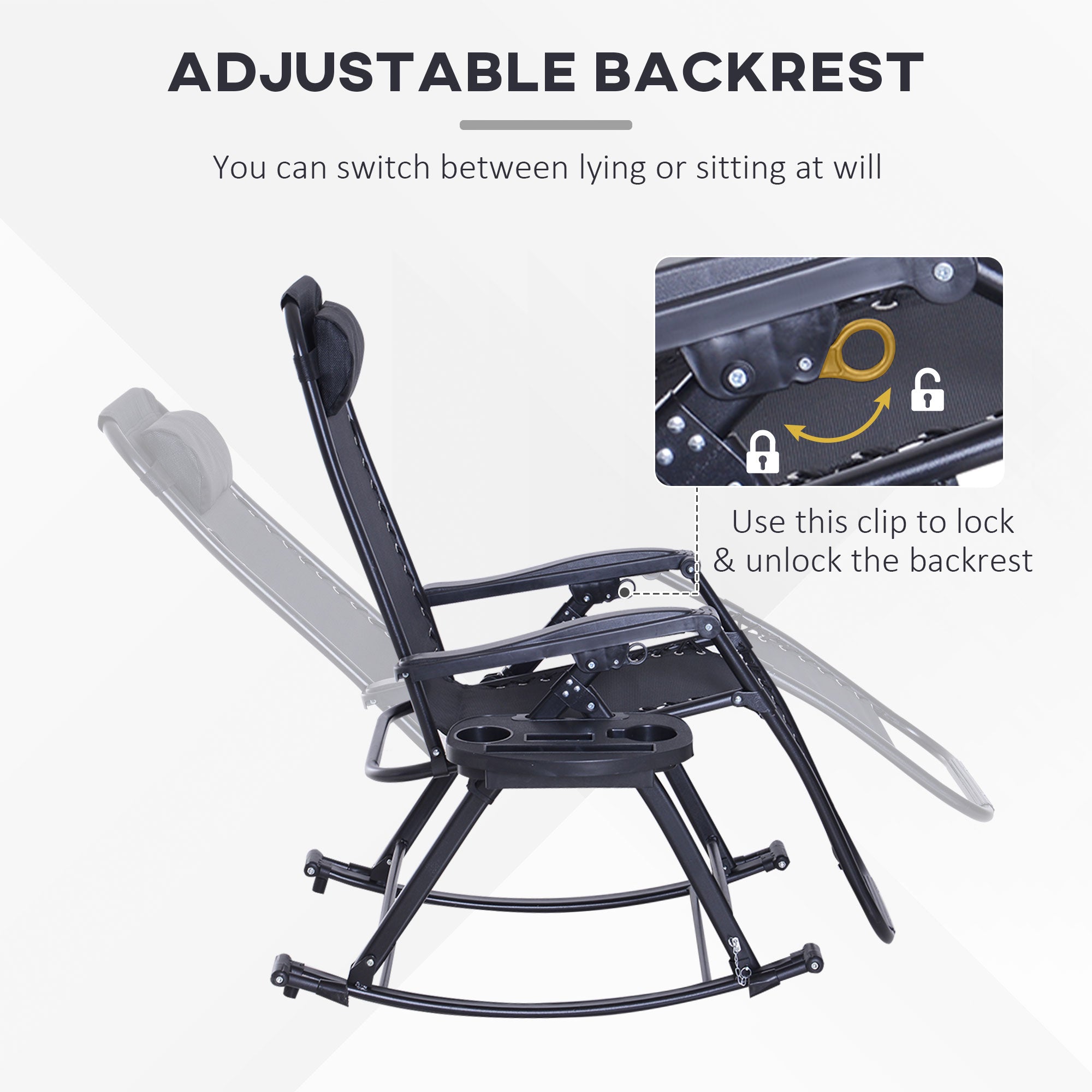 Outdoor Rocking Chairs, Foldable Reclining Zero Gravity Lounge Rocker with Pillow, Cup & Phone Holder, Combo Design with Folding Legs