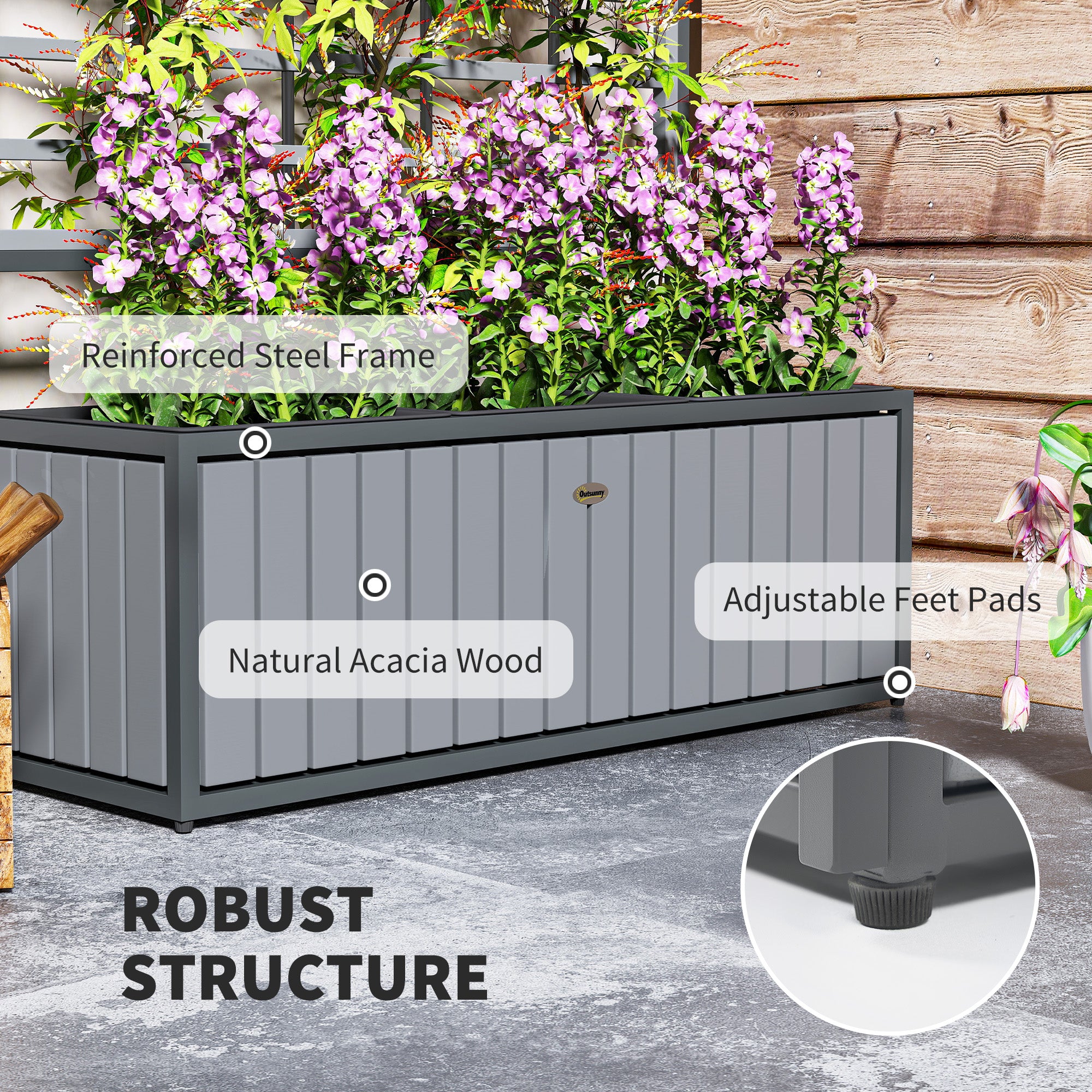 Wooden Raised Garden Bed with Trellis, Removable Pots for Backyard, Patio, Balcony, 29" x 11" x 52"