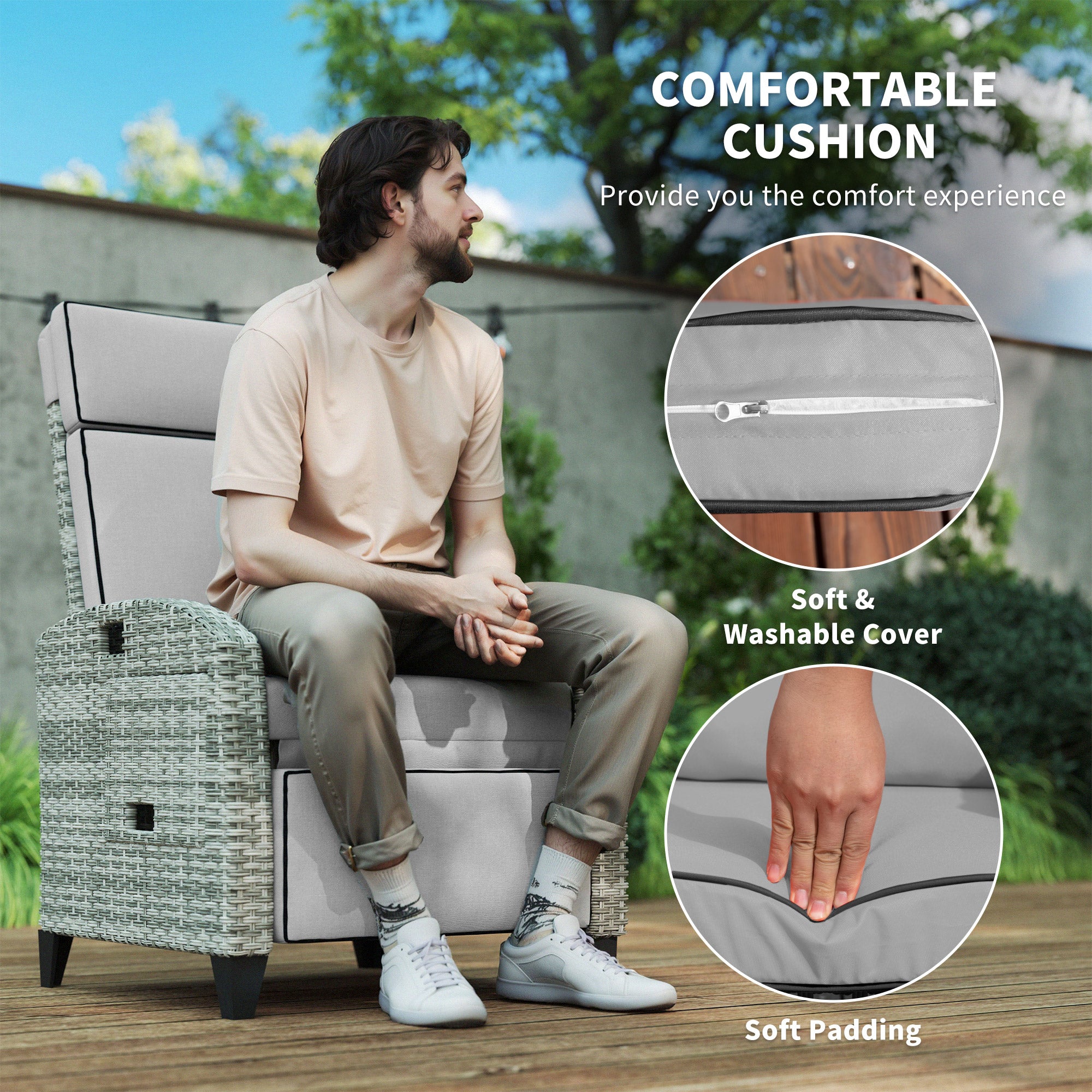 Outdoor Recliner Chair with Cushions, Reclining Patio Lounge Chair with Adjustable Footrest, Armrests, Tray Table