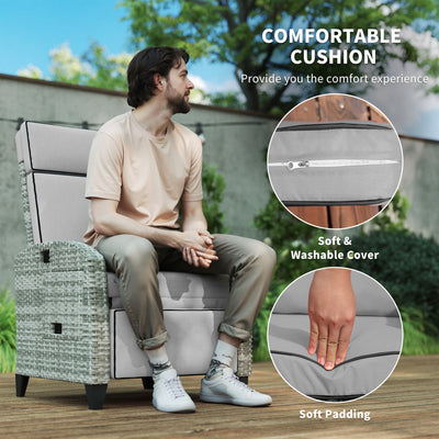 Outdoor Recliner Chair with Cushions, Reclining Patio Lounge Chair with Adjustable Footrest, Armrests, Tray Table