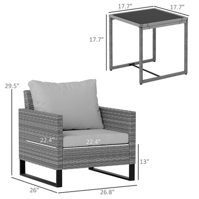 3PCS Patio Set, Wicker Bistro Set with Cushions, Rattan Chairs, Glass Coffee Table for Backyard, Porch, Balcony, Gray